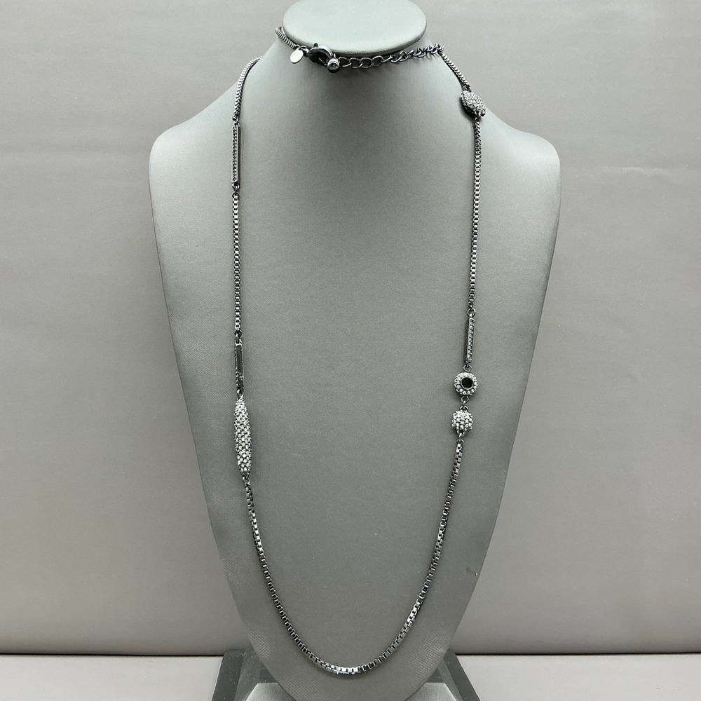 Chico's Long Station Necklace Women Gunmetal Rhinestone Pave Bar Box Chain 36"
